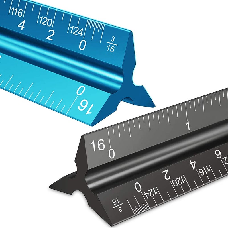 Rena Chris 2PCS Architectural Scale Ruler, 12"" Aluminum Architect Scale, Triangular Scale, Scale Ruler, Triangle Ruler, Drafting Ruler, Architect Ruler, Metal Scale Ruler, Architecture Ruler(Blue+Black) - Image 1